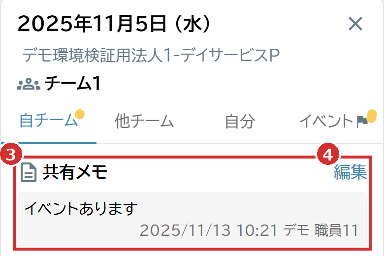 「自チーム」タブの「共有メモ」と「編集」