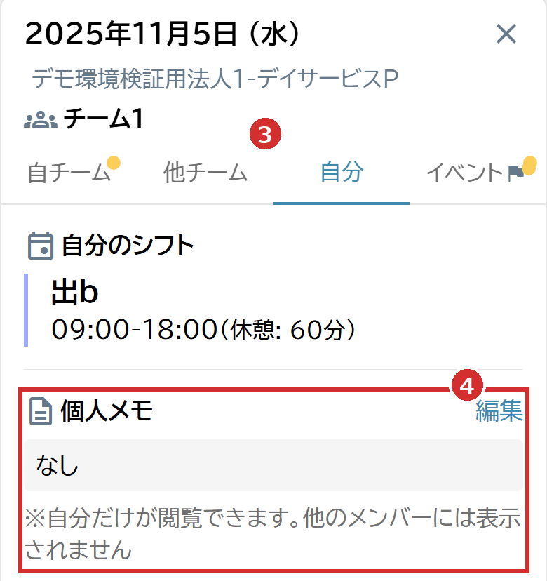 「自分」タブの「個人メモ」と「編集」