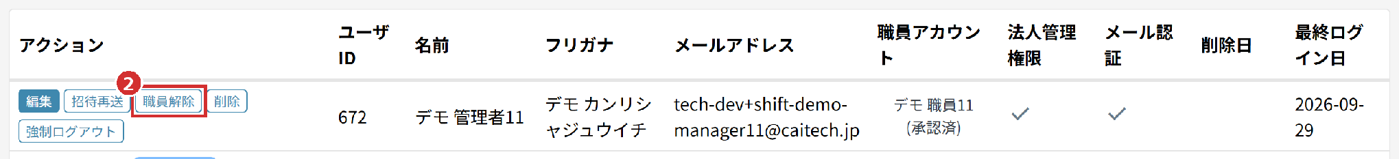 「管理者一覧」の表の「職員解除」と「職員アカウント」