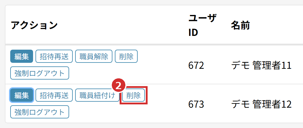 「管理者一覧」の表の「削除」