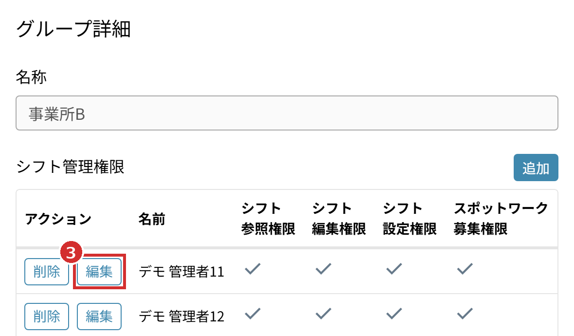 「グループ詳細」の表の「編集」