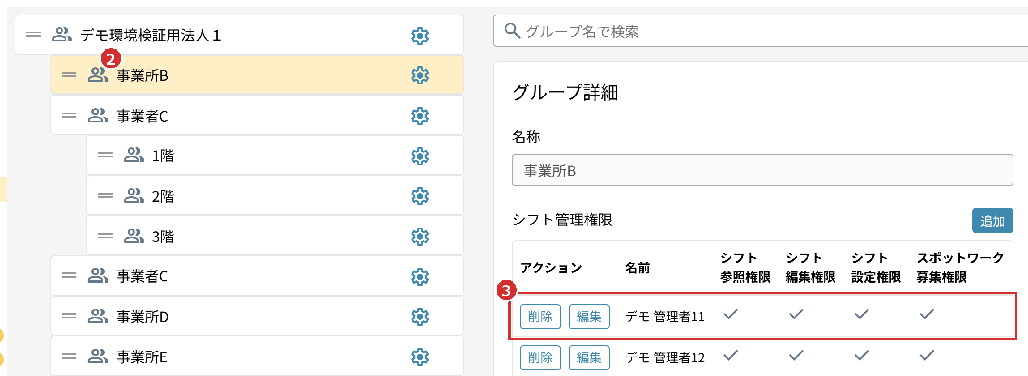 「グループ詳細」の「シフト管理権限」の表