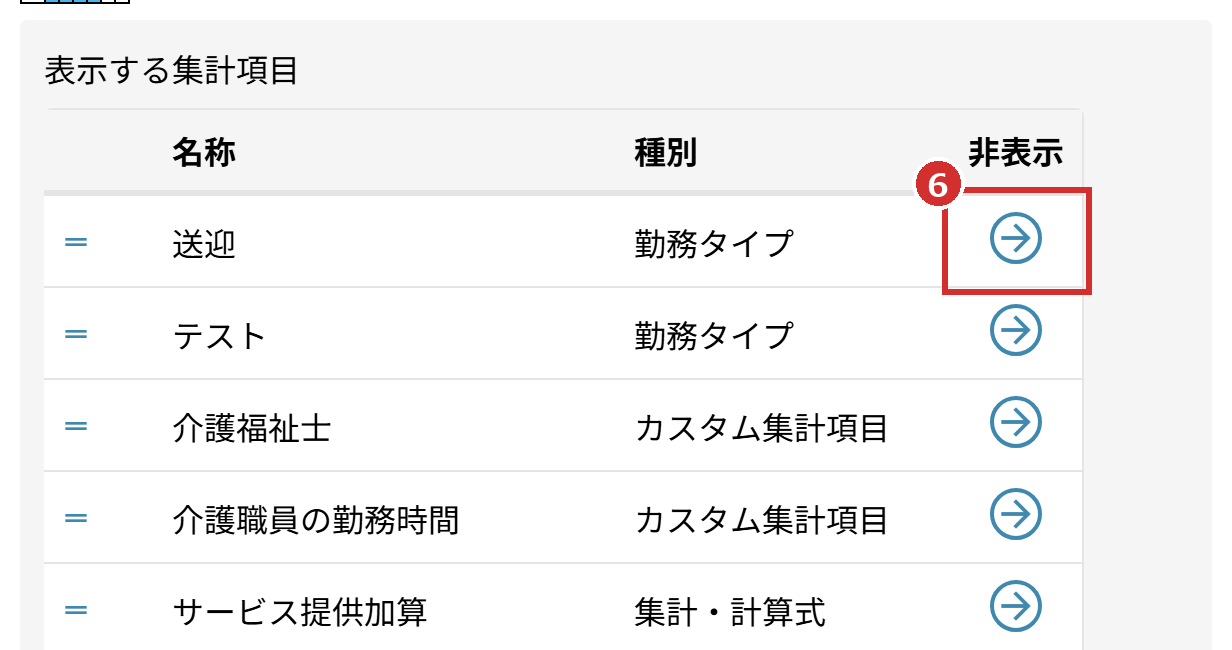 「表示する集計項目」の「非表示」の列にある右向きの矢印