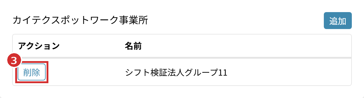 「カイテクスポットワーク事業所」の「削除」